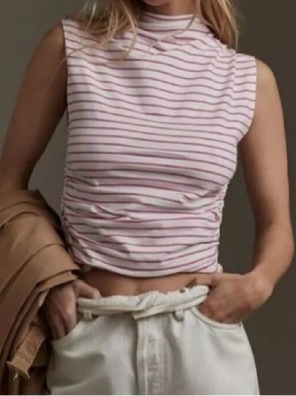 Maeve Anthropologie Mock-Neck Striped Printed Tank Blouse Top Ruched